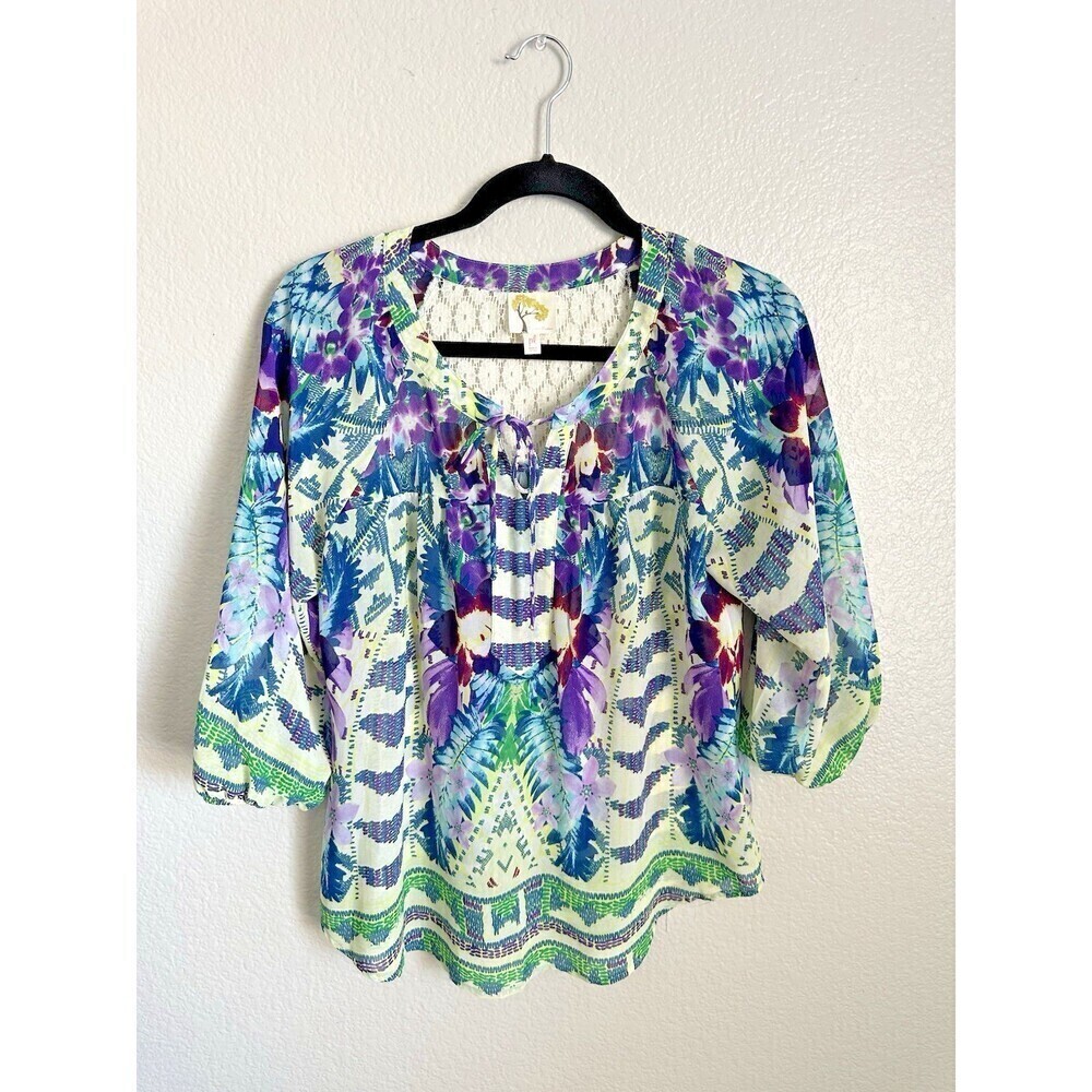 Fig & Flower Blouse Women's Size Petite Large Boho Abstract Print Floral Lace